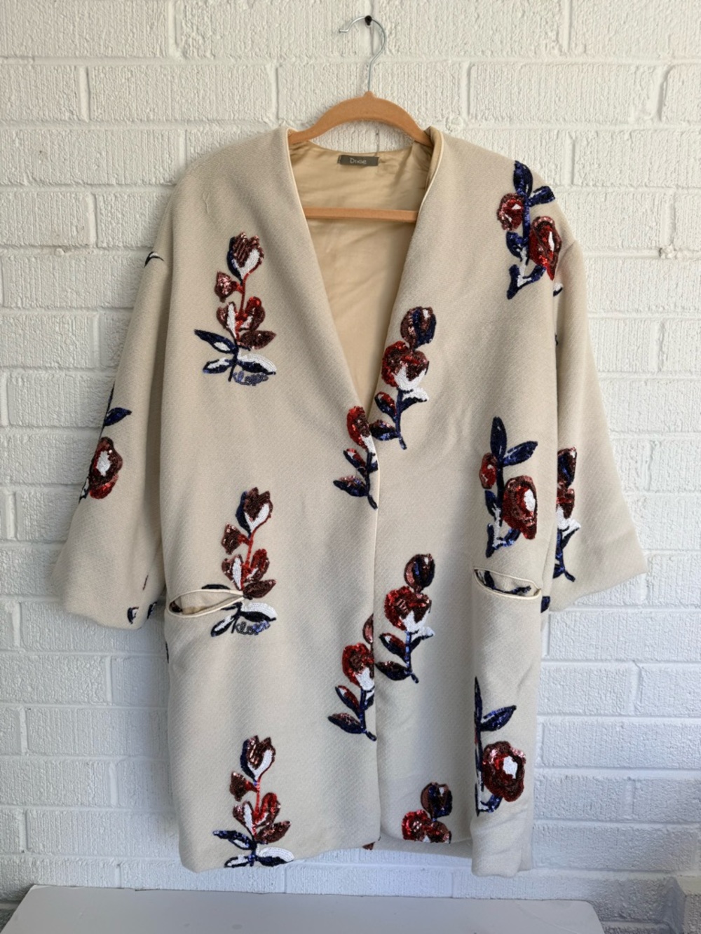 Embellished Cream Floral Sequin Pea Coat